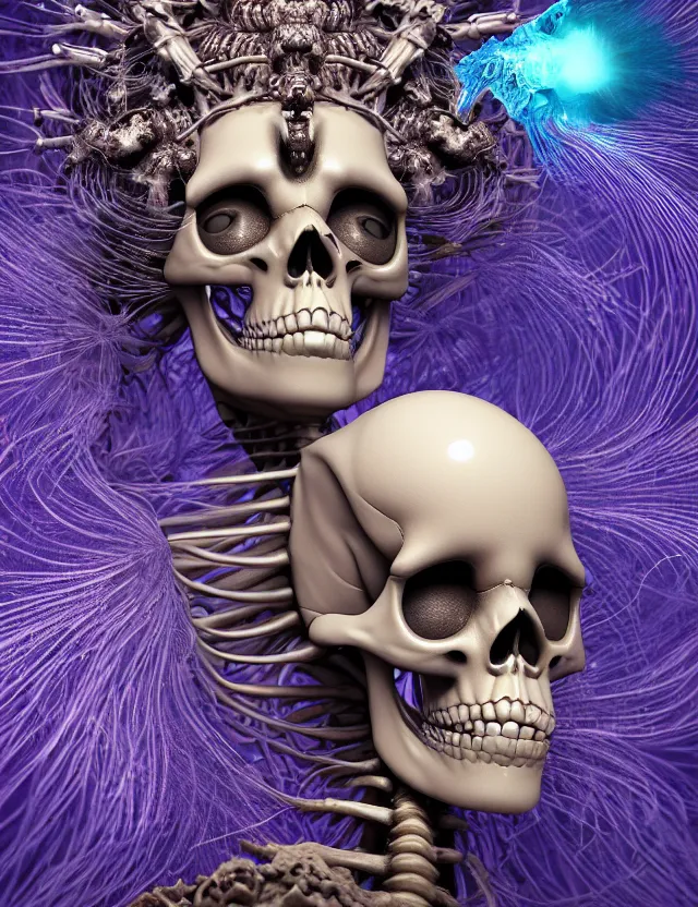 Image similar to 3 d goddess skeleton macro close - up portrait with crown made of ram skull. betta fish, jellyfish phoenix, bioluminiscent fire, plasma, ice, water, wind, creature, super intricate ornaments artwork by tooth wu and wlop and beeple and greg rutkowski