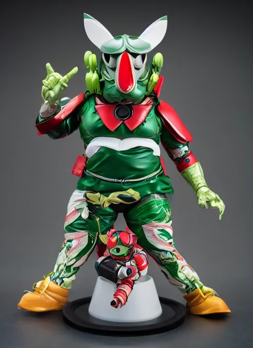 Prompt: fat kamen rider sofubi, product photography