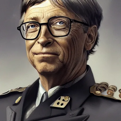 Prompt: portrait of Bill Gates as a German Officer, elegant, intricate, headshot, highly detailed, digital painting, artstation, concept art, sharp focus, illustration, art by artgerm and greg rutkowski and alphonse mucha