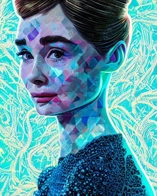 Prompt: highly detailed vfx portrait of audrey hepburn mixed with emilia clarke, geometric polygons, global illumination, detailed and intricate environment by james jean, liam brazier, petros afshar, victo ngai and tristan eaton