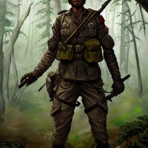 Image similar to male soldier in the forest, by annie leibowitz!!!, D&D, fantasy, intricate, elegant, highly detailed, digital painting, artstation, concept art, matte, sharp focus, illustration