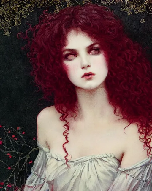 Image similar to a beautiful but sinister girl in layers of fear, with haunted eyes and curly hair, 1 9 7 0 s, seventies, delicate embellishments, a little blood, crimson, painterly, offset printing technique, by alexandre cabanel