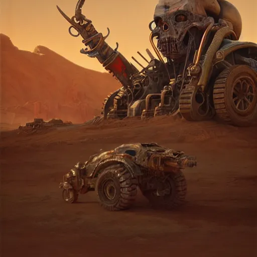 Image similar to Portrait of Immortan Joe by Greg Rutkowski. He is making an announcement from his war rig in the desert by Mark Arian. It is bright and desolate and rusty by H.R. Giger. soft render, octane, highly detailed painting by Moebius. artstation Blank Canvas Scene by Tetsuya Nomura.