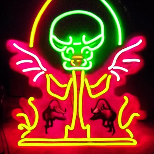 Prompt: neon baphomet on a throne with its disciples bowing down