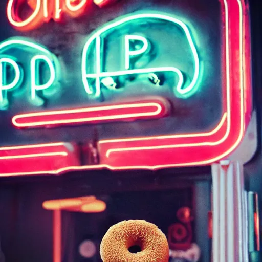 Prompt: a teddy bear eating a donut at a 1950s neon diner