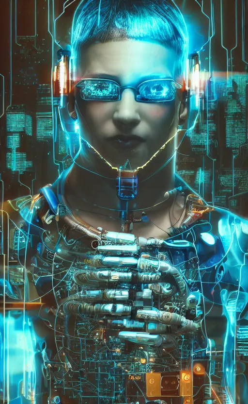Prompt: a beautiful photo of a middle - aged bionic male cyborg, cyberpunk, circuit boards, electronic components, augmented vision, volumetric light, photography, dystopian, extremely detailed, photorealistic, stunning, digital art trending on artstation, orange, cyan, washed out colors