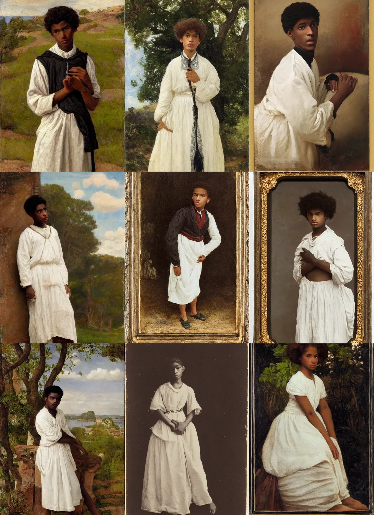 Prompt: 14 yo black boy, white dress, orientalism, pre-raphaelite