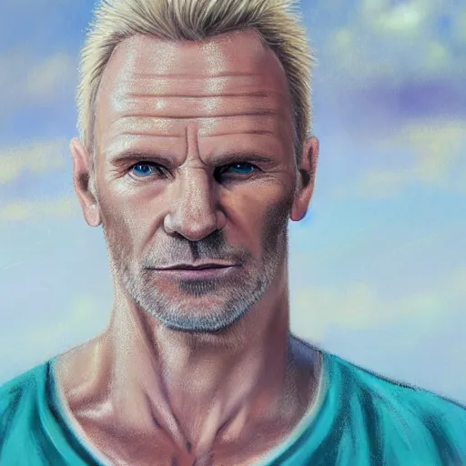 Image similar to very beautiful pastel art of Sting from The Police, full body, spiky blonde hair, blue eyes, full round face, handsome jaw, hairy arms, serene beach setting, cinematic lightning, arms facing the viewer, medium shot, mid-shot, highly detailed, trending on artstation, Unreal Engine 4k, cinematic wallpaper by Stanley Artgerm Lau, WLOP, Rossdraws, James Jean, Andrei Riabovitchev, Marc Simonetti, and Sakimichan-C 9.0