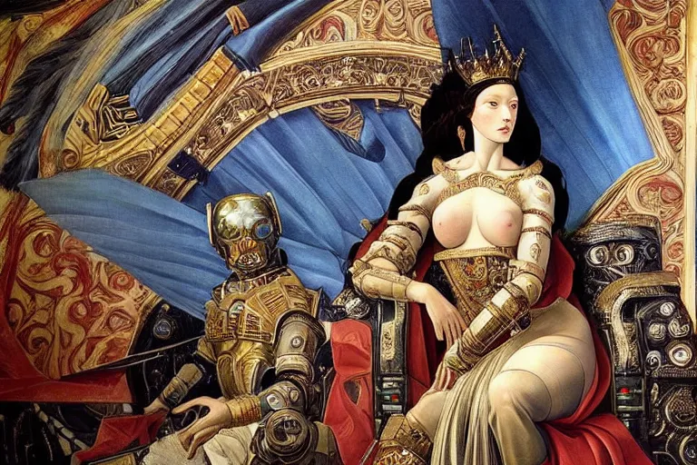 Prompt: beautifully painted mural of a cyborg king in his throne, ornate royal garments, sci fi royal throne room, piercing glowing eyes, intricate, highly detailed, incredible lighting, sci fi scenery, fantasy setting, vogue cover poses, masterful painting, mural in the style of sandro botticelli, caravaggio, albrecth durer