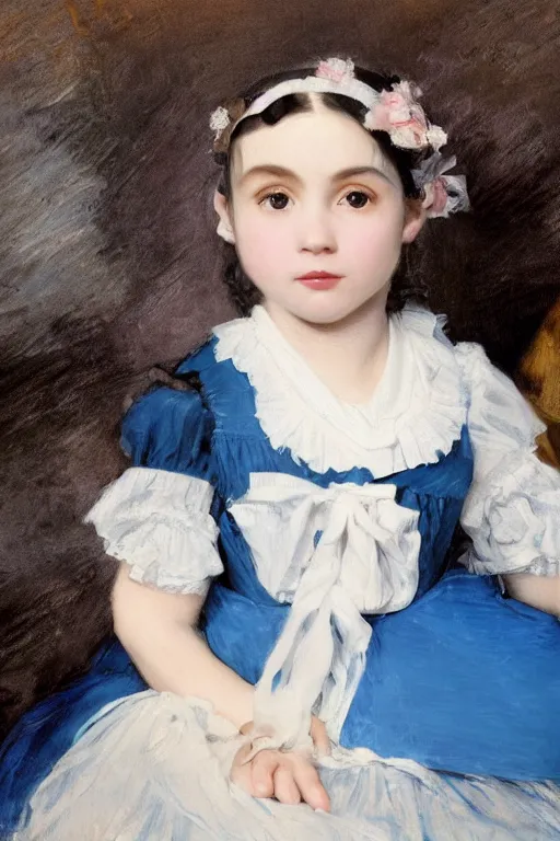 Image similar to a realistic portrait of black - haired little girl in a blue lolita dress with stars and petticoat sitting on the subway by eugene delacroix, detailed eyes, 4 k resolution