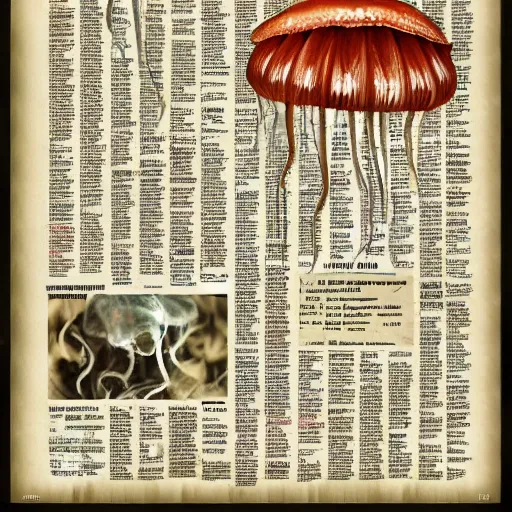 Image similar to jellyfish 4 dultra detailed big written words hello are missing limbs super detailed by printing magazine newspaper cinematic, realistic, intricate