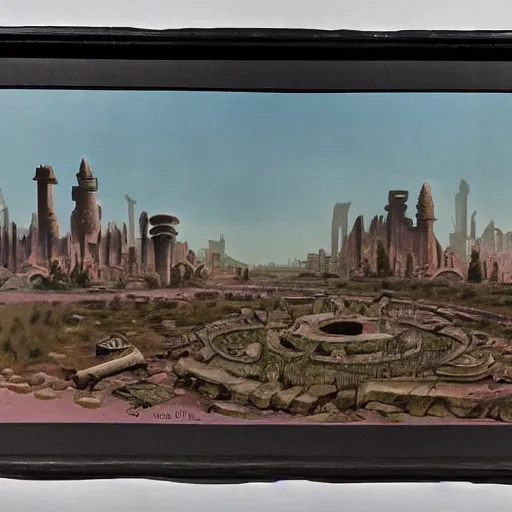 Image similar to 1 9 4 8 unused disney matte painting of a wasteland with the ruins of a modern city in the distance.