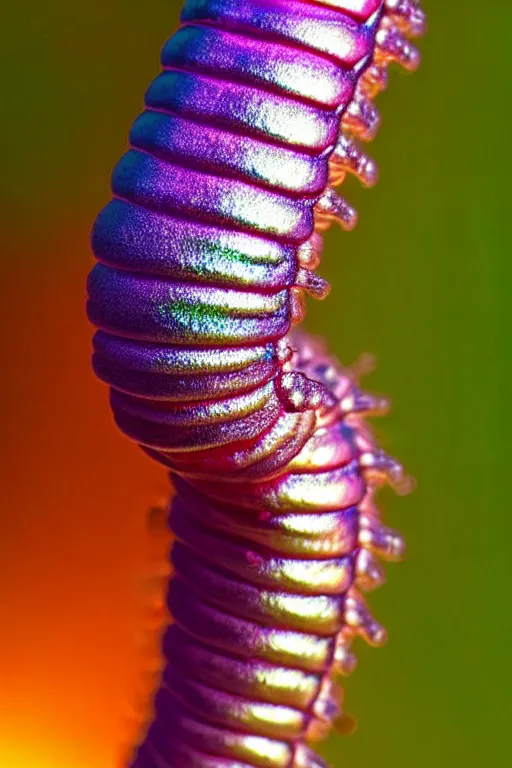 Image similar to high quality close-up photo iridescent caterpillar! gorgeous highly detailed david ligare elson peter cinematic pink lighting high quality low angle hd 8k sharp shallow depth of field