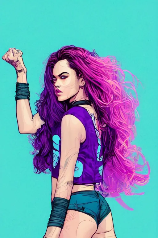 Image similar to a award winning half body porttrait of a beautiful woman in a croptop with ombre purple pink teal hairstyle with head in motion and hair flying by marvel comics and sandra chevrier, outrun, vaporware, illustration, digital art, trending on artstation, highly detailed, fine detail, intricate