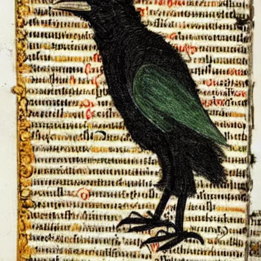 Image similar to bad drawed mix between a crow and a mage king in a medieval manuscript, medieval manuscript, golden miniatures