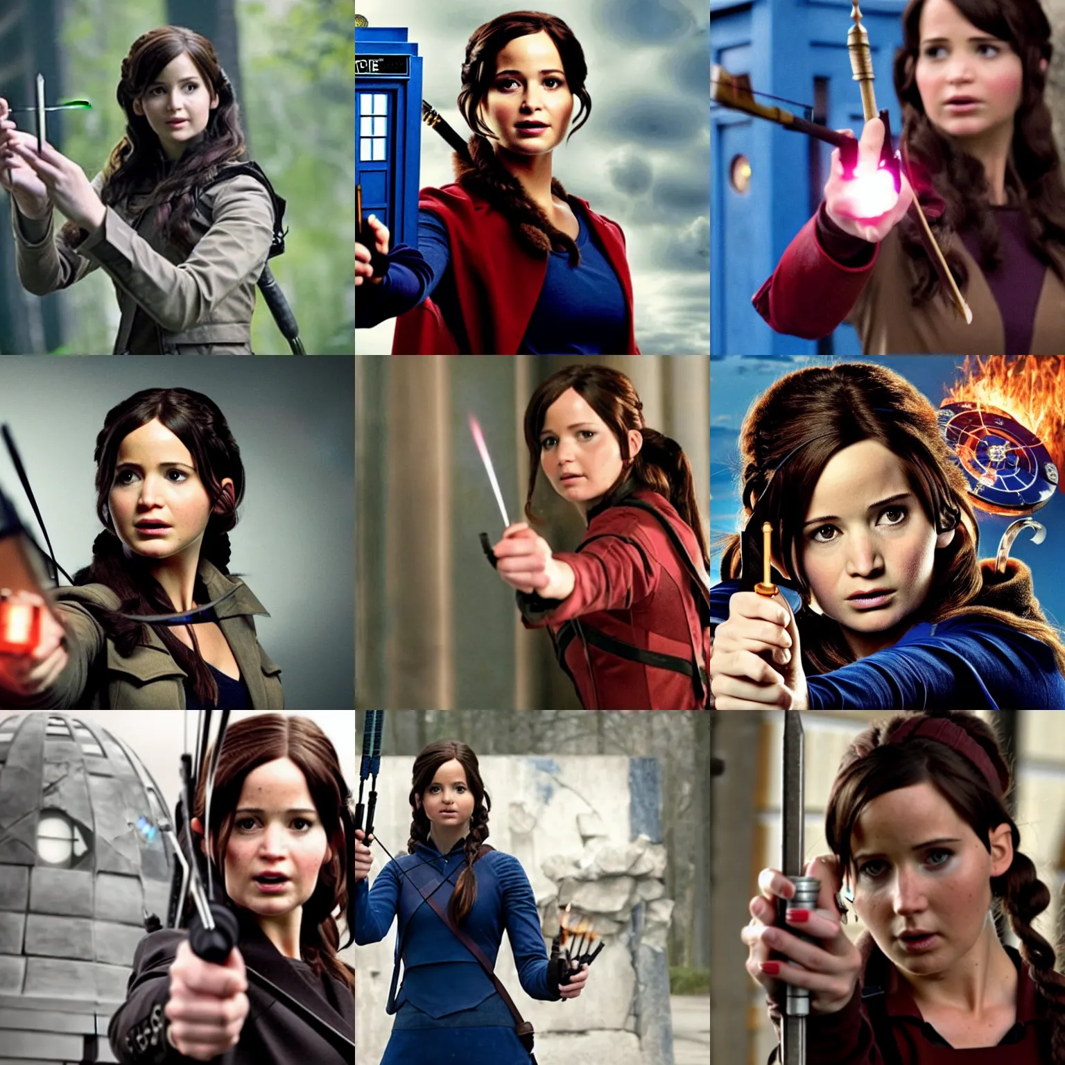 Prompt: Katniss Everdeen as Clara Oswald, holding a tiny TARDIS in her hand, tv still from the BBC show 'Doctor Who'