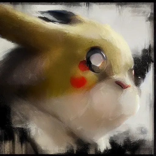 Image similar to face protrait of pikachu, realistic, ultrahd, jeremy mann painting