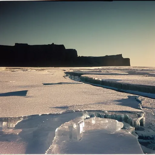 Image similar to photo of green river, wyoming cliffs covered in ice and snow, during a snowstorm. a old man in a trench coat and a cane appears as a hazy silhouette in the distance, looking back over his shoulder. cold color temperature. blue hour morning light, snow storm. hazy atmosphere. humidity haze. kodak ektachrome, greenish expired film, award winning, low contrast.