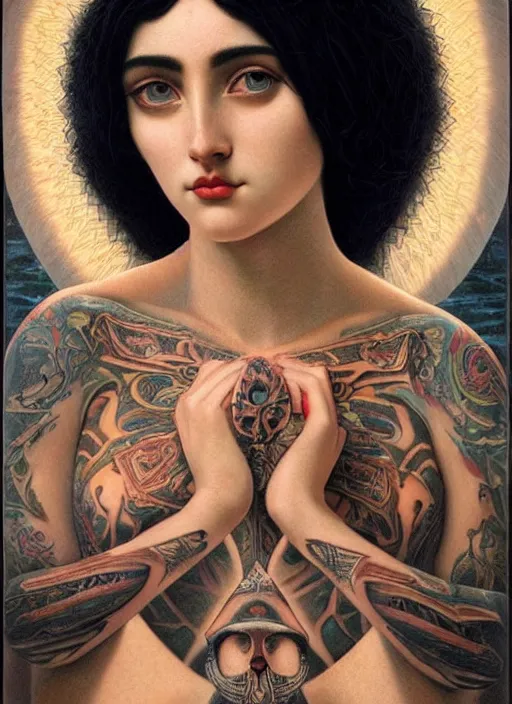 Prompt: single beautiful enlightened cult magic psychic woman with tattoos, tattooed skin, oil painting, robe, symmetrical face, greek dark ritual myth, realism by john william godward and anna dittman, masterpiece