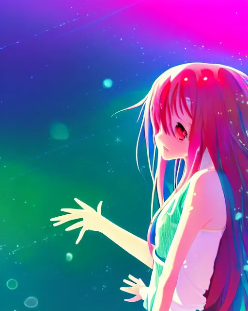 Prompt: anime style, vivid, colorful, full body, a cute girl with white skin and long pink wavy hair singing a song, heavenly, stunning, realistic light and shadow effects, happy, centered, landscape shot, happy, simple background, studio ghibly makoto shinkai yuji yamaguchi