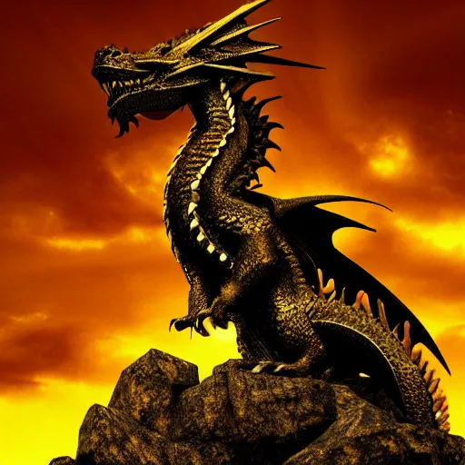 Prompt: Dragon sitting on a mountain of gold, cinematic, dramatic
