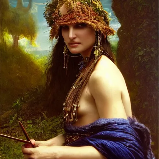 Image similar to portrait of natalie portman as a Druid, painting by ludwig deutsch and rudolf ernst, lost civilizations, long dark hair, beautiful, mystical, dramatic cinematic lighting, sharp focus, smooth, sharp focus, extremely detailed,