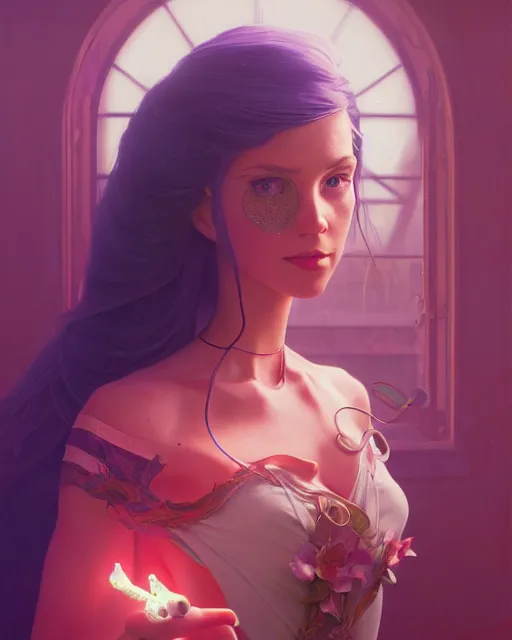 Image similar to highly detailed surreal vfx portrait of a beautiful female magician, stephen bliss, unreal engine, greg rutkowski, loish, rhads, beeple, makoto shinkai and lois van baarle, ilya kuvshinov, rossdraws, tom bagshaw, alphonse mucha, global illumination, detailed and intricate environment