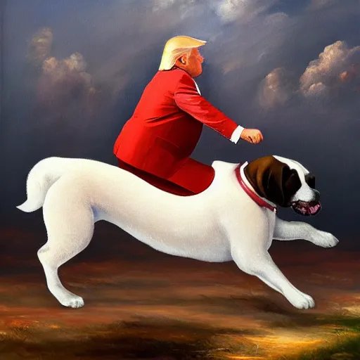 Prompt: Donald Trump riding on the back of a giant boxer dog with a saddle, oil painting highly detailed