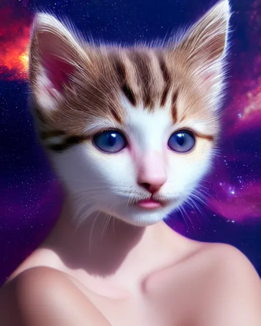 Image similar to a kitten on a rocket, photo, ultra detail, photoreal, professionally retouched, soft moonlight lighting, shiny plastic bikini, realistic, smooth face, goddess, luscious lips, perfect eyes, wide angle, sharp focus on eyes, 8 k high definition, insanely detailed, intricate, elegant, art by artgerm and wlop