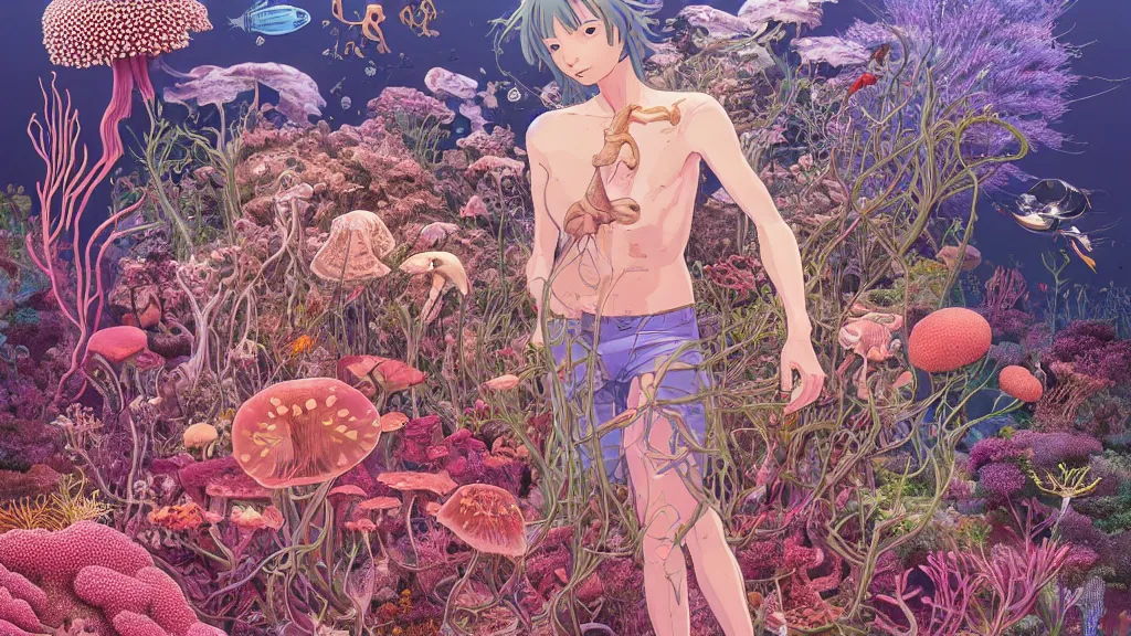 Prompt: highly detailed illustration of an anatomic human with all the known species of plants, flowers, corals, mushrooms and jellyfish by juan gatti, by makoto shinkai, by moebius!, by oliver vernon