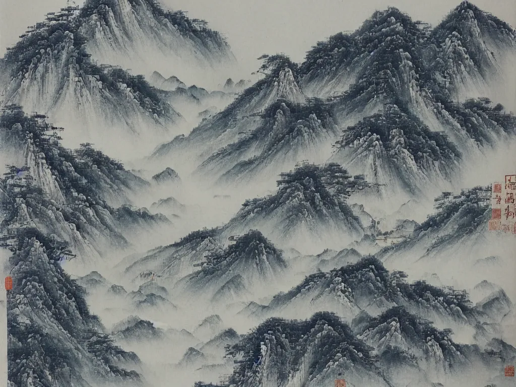 Image similar to its torrent dashes down three thousand feet from high ; as if the silver river fell from azure sky, cinematic landscape ， on a snowy day, natural light, ink painting, traditional chinese painting, by xu beihong