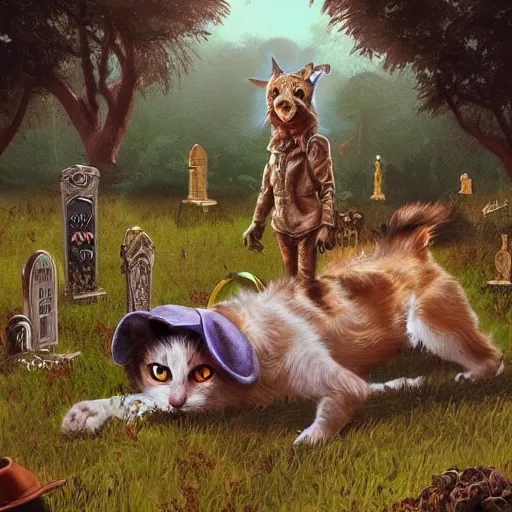 Image similar to pet cemetery, digital art, vintage pulp art, Darrell K Sweet, artstation