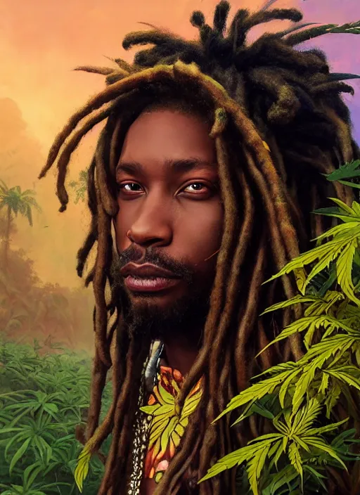 Image similar to portrait of fearless jamaican rasta warrior with flowing dreadlocks, surrounded by flowers of ganja. afrogoth matte painting concept art, beautifully backlit, intricate digital painting, subtle tones, cinematic aesthetic octane render, grimdark, by rhads, james jean, ross tran and artgerm