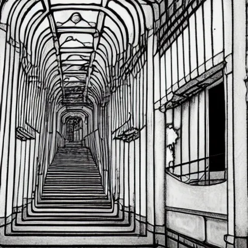 Image similar to a bright white hallway with many doors and stairs full of fungus and mushrooms and rot, Mc Escher architecture, epic composition, decay, anime key visual