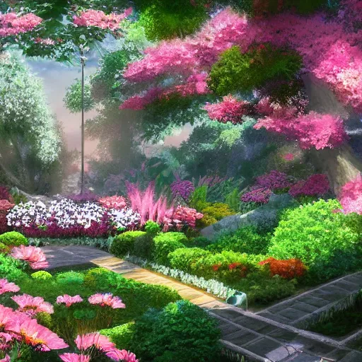 Image similar to a digital painting depicting a beautiful garden from an anime movie, in the style of Tue Tue on ArtStation, cinematic render, 4k,
