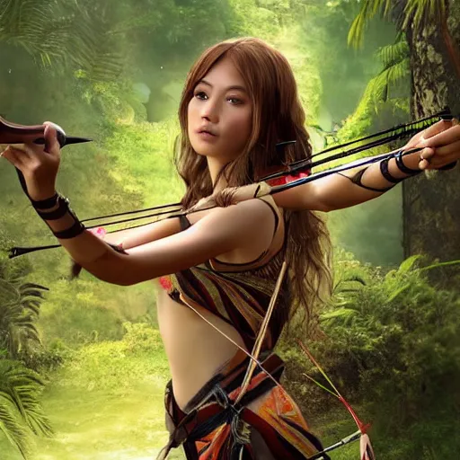 Prompt: beautiful archery girl, female heroine in the jungle hunting with bow and arrow, gettyimages, realistic face, digital art, trending on artstation