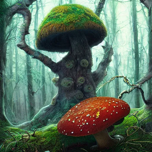 Prompt: a beautiful weird digital painting of a mushroom spider, moss, forest background, digital art by eugene de blaas and ross tran, vibrant color scheme, highly detailed, in the style of romanticism, cinematic, artstation, greg rutkowski, digital panting, lovecraft