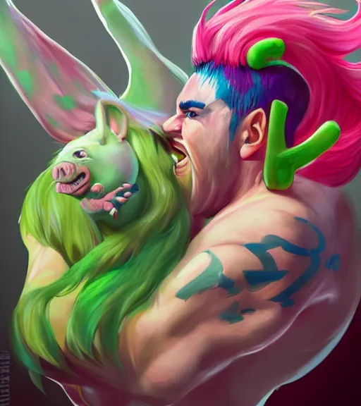 Image similar to portrait of'tomba!'with male with pink hair and green pants, attacking evil pig by ross tran, artgerm and wlop