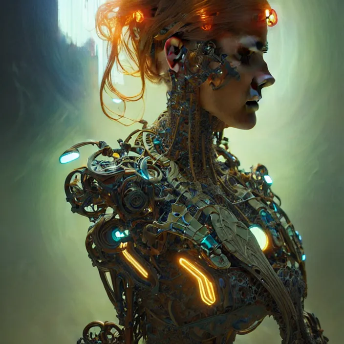 Prompt: organic cyborg, brightly backlit, diffuse lighting, fantasy, intricate, elegant, highly detailed, lifelike, photorealistic, digital painting, artstation, illustration, concept art, smooth, sharp focus, art by john collier and albert aublet and krenz cushart and artem demura and alphonse mucha