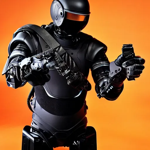 Image similar to eminem wearing a futuristic armored mask with large amber eye reflective lenses, and black leather exoskeleton mechanical body armor. a mini - gunner is attached to the end of a robot arm that mounted to his shoulder - h 6 4 0