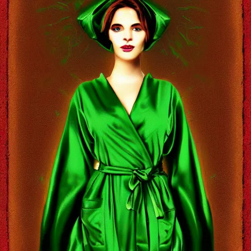 Prompt: a beautiful woman wearing a green robe, digital art