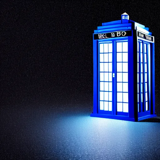 Image similar to a hyperdetailed photograph of the tardis sat on a futuristic street corner, night, dense fog, rain, hd, 8 k resolution