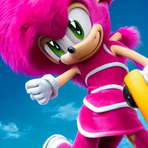 Prompt: Leaked image of Amy Rose holding her hammer in the upcoming Sonic the Hedgehog movie by Paramount, promotional image, Amy Rose red dress, pink fur, eyelashes, 4k HD f2.8 50mm