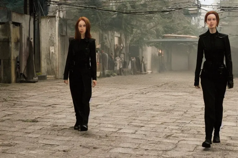 Image similar to cinematic still of Karen Gillan in The Matrix (1999), XF IQ4, f/1.4, ISO 200, 1/160s, 8K, RAW, dramatic lighting, symmetrical balance, in-frame