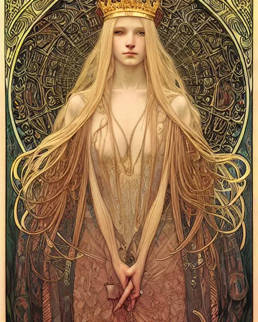 Prompt: portrait, artwork by james jean, hyperdetailed, realistic, beautiful medieval queen, jean delville, art nouveau, alexandrite, symbolist, visionary, alphonse mucha