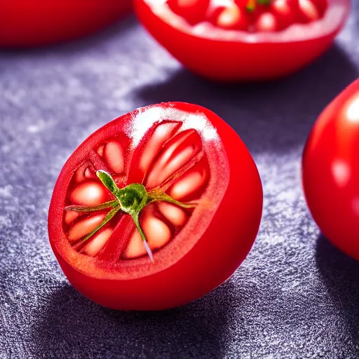 Image similar to photo of [ crystalized ] [ tomato ] taken with canon eos - 1 d x mark iii, bokeh, sunlight, studio 4 k