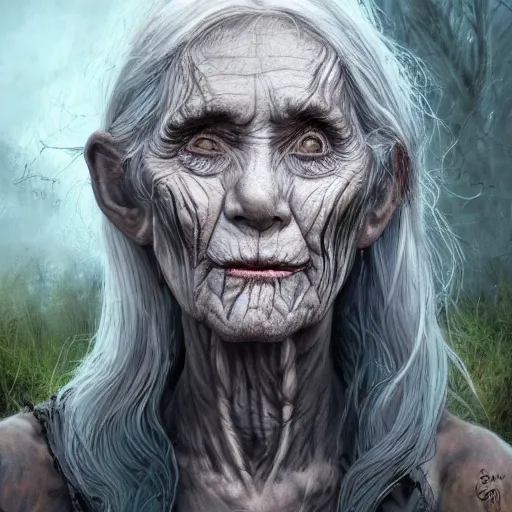 Image similar to fantasy portrait of an emaciated yet energetic old woman with silky, cloudy grey hair, black scars on her face, swamp vegetation in the background, nocturnal palette, art by greg rutowski, raphael lacoste, eddie mendoza, artgerm, trending on artstation