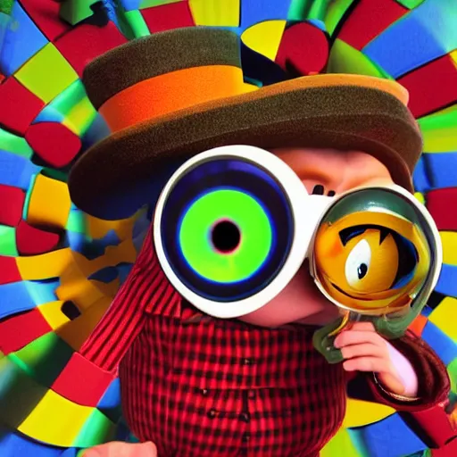 Image similar to a madhatter looking through an M shaped hole directly at the camera, pixar animations. 3D, spooky, funny, cute, tartan hat, 16k resolution, looney tunes