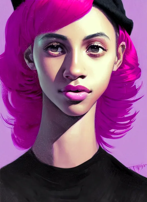 Image similar to portrait of teenage vanessa morgan with bright pink hair, black girl, curly pixie cut hair, wearing a purple breton cap, breton cap, hoop earrings, intricate, elegant, glowing lights, highly detailed, digital painting, artstation, concept art, smooth, sharp focus, illustration, art by wlop, mars ravelo and greg rutkowski