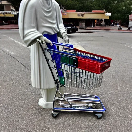 Prompt: a photograph of shopping cart jesus : savior of the downtrodden